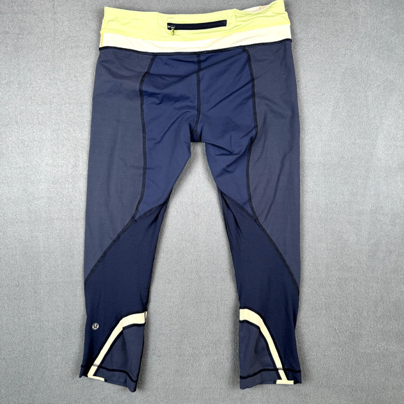 Lululemon Leggings Womens 6 Chase Me Crop II Black Yellow Capri Mesh Pockets - Picture 2 of 10